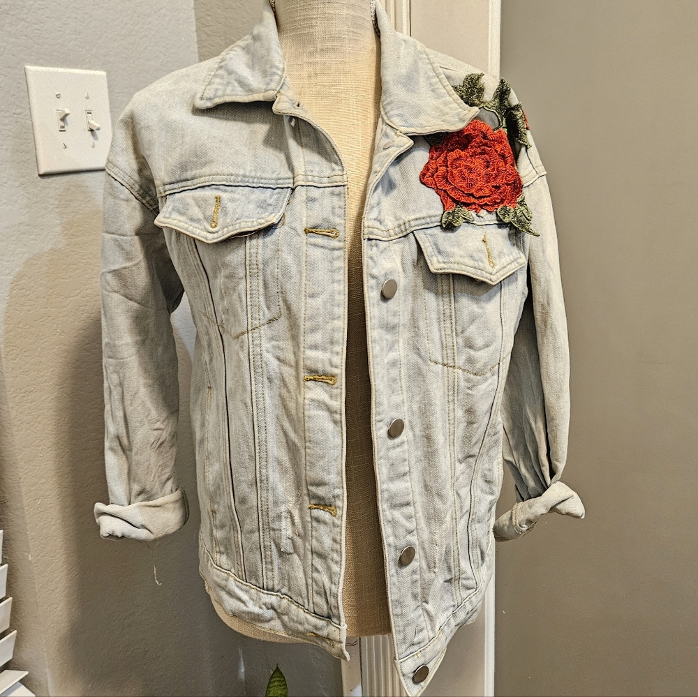 Denim Jacket with Flower Embroidery